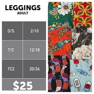 Bundle of 6 LulaRoe OS leggings pattern birds, flowers, tie dye, patriotic
